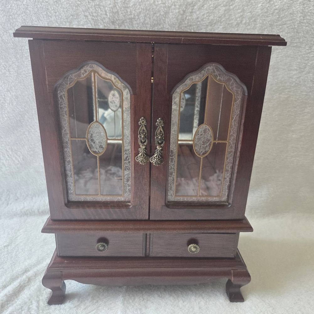 Vintage Wooden Musical Jewelry Armoire Glass Doors Necklace Carousel Mirror